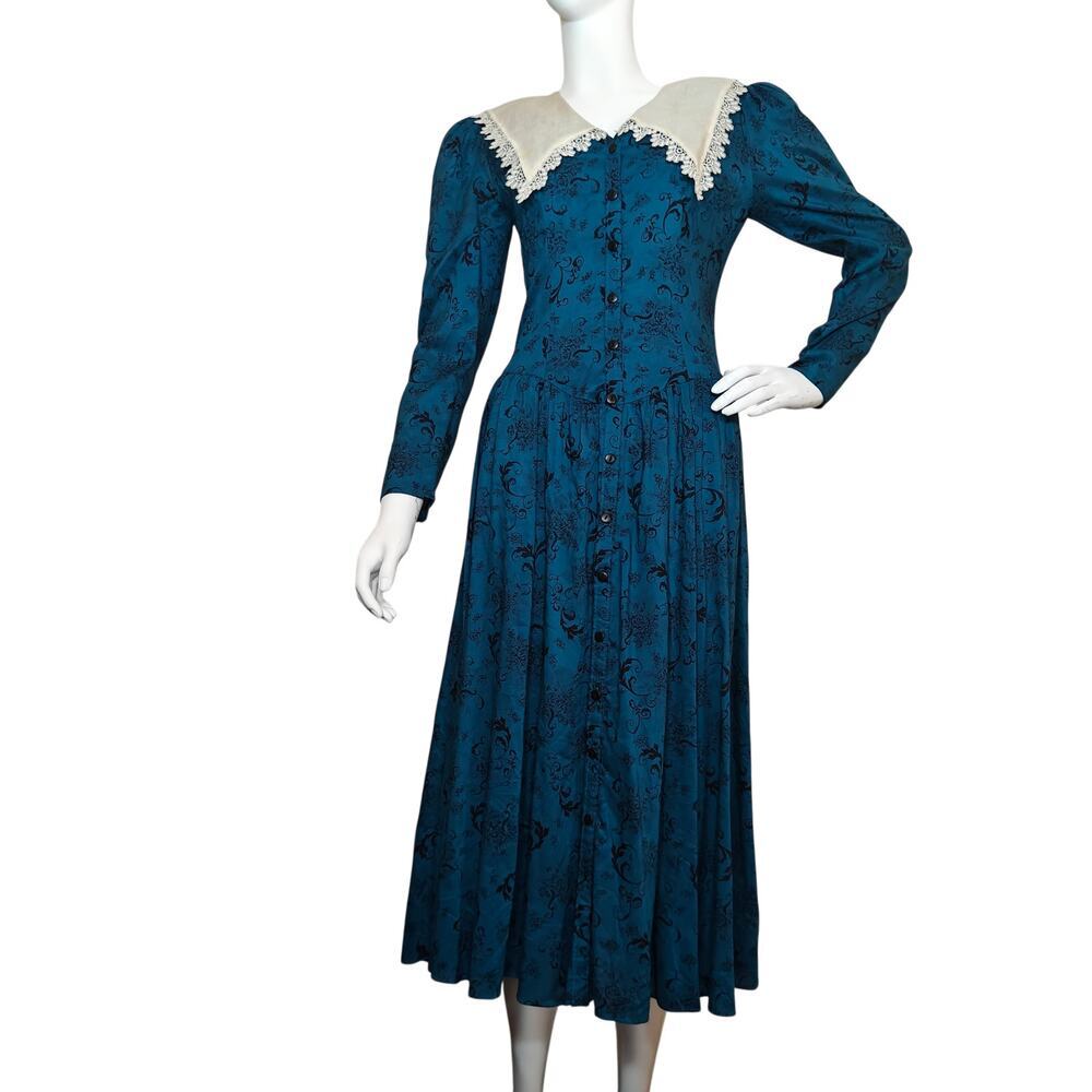 Vintage Gunne Sax Jessica McClintock Blue Prairie Midi Dress Lace Collar
